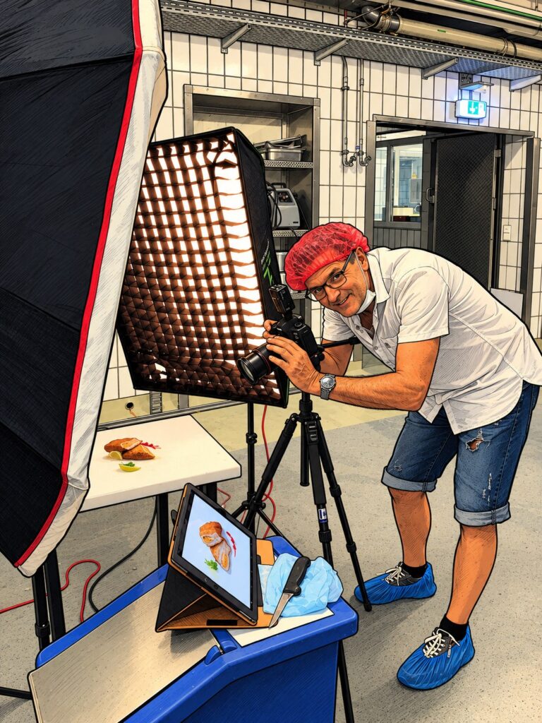 Fotograf Martin Rumberger bei der Foodfotografie in einer Produktionsküche