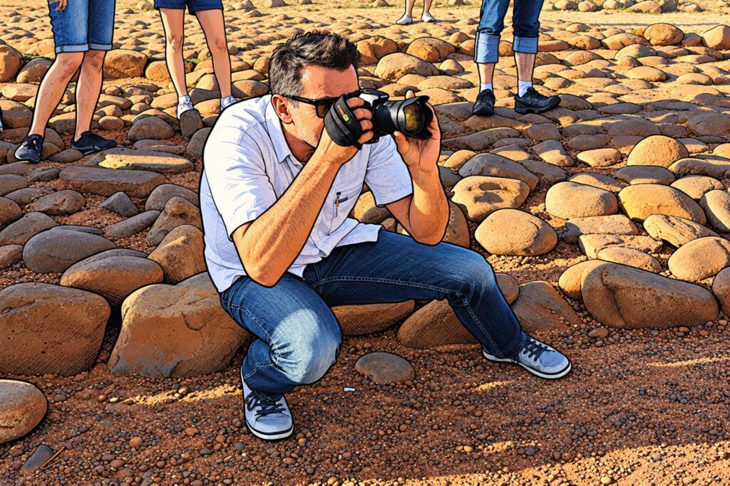 Fotograf Martin Rumberger fotografiert in der Hocke im Freien