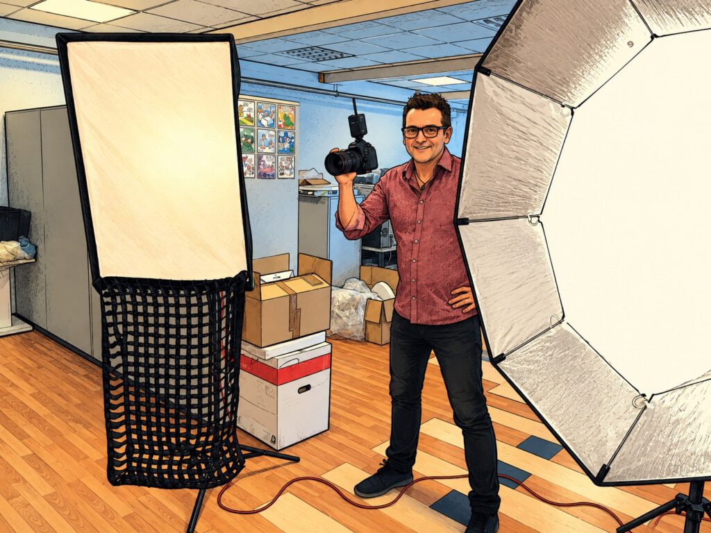 Fotograf Martin Rumberger mit Kamera zwischen Studioleuchten
