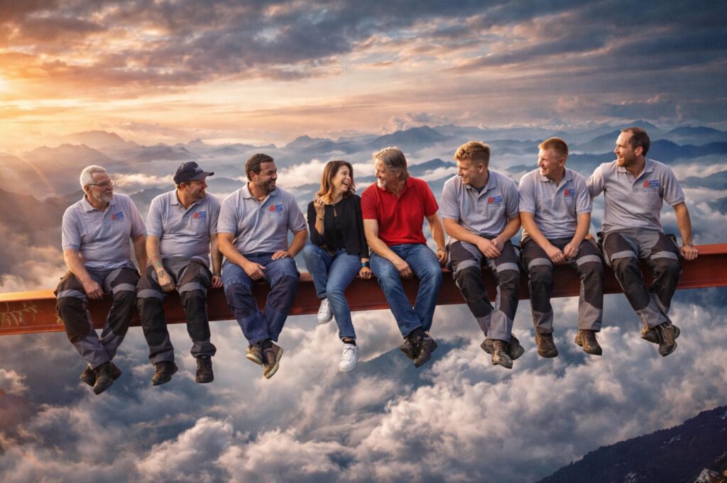 Kreatives Teamfoto auf einem Stahlträger über den Wolken